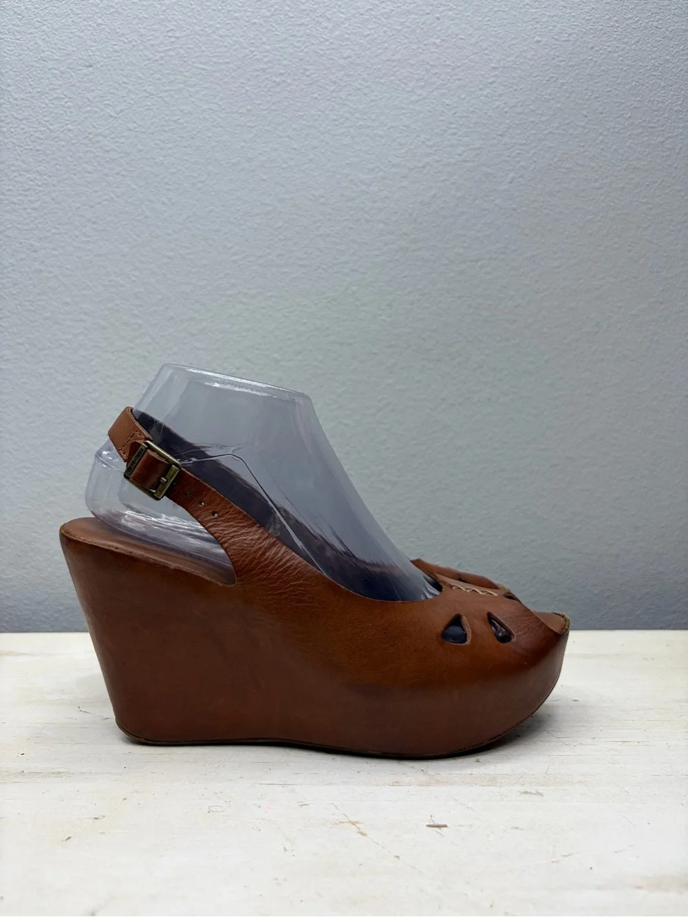 Kork-Ease Brown Leather Felicia Peep Toe Wedge Sandals Size 8
